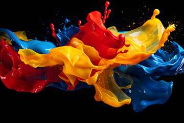 Vibrant splashes of paint creating dynamic patterns in blue, yellow, and red against a dark background during an art project