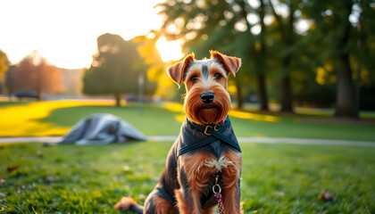 Playful dog in a sunny park setting outdoor photography nature scene afternoon light
