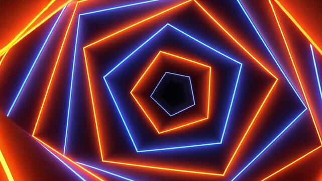 Abstract Neon Pentagonal Tunnel: A mesmerizing digital artwork showcasing vibrant orange and blue neon lights forming a hypnotic pentagonal tunnel.