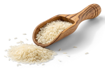 Hand holding spoon with pouring rice in bowl isolated on white or transparent background