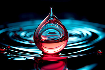 Liquid drop creates ripples on surface reflecting vibrant colors in a dark background during artistic photography session