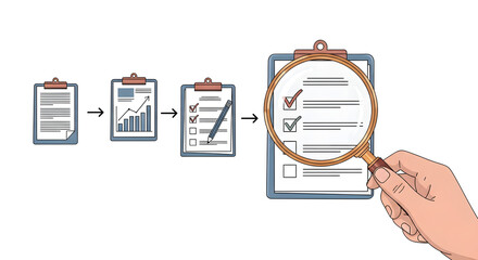 Clipboard Checklist Analysis Progress Report Data and Hand Magnifier