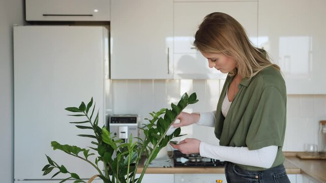 Woman cleaning zamioculcas zamiifolia plant leaves in kitchen