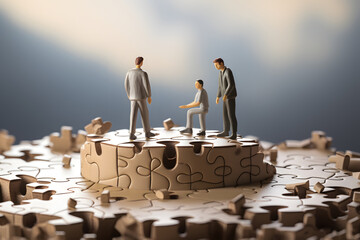 Business professionals collaborating to solve a puzzle on a table with a blurred background