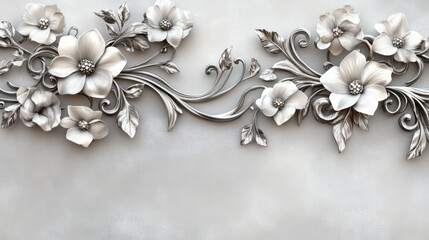 Fototapeta premium Elegant silver floral border with white flowers, intricate details