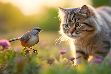 Curious kitten and colorful bird interact in a serene outdoor setting during early morning light