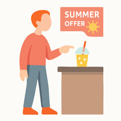 Flat Style Man Pointing to Summer Drink Offer at Counter