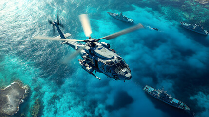 An aerial shot captures a navy helicopter likely a Seahawk model soaring above a fleet of ships navigating the turquoise waters of the open ocean