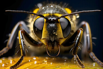 Close up of a yellow and black fly resting on a wooden surface under natural light in a garden setting