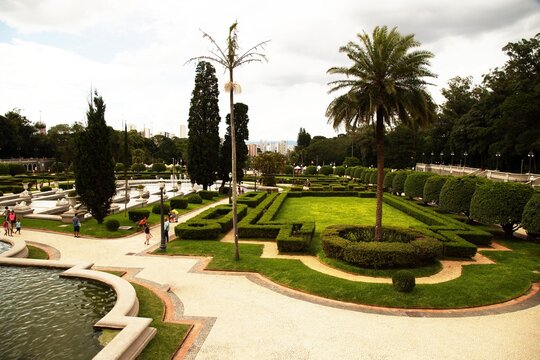Jardim com formas geom&eacute;trica, plantas, &aacute;rvore, e um c&eacute;u com muitas nuvens. 