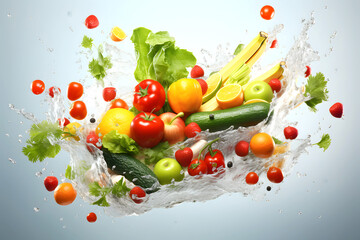 Fresh fruits and vegetables create a vibrant splash while being washed in clean water