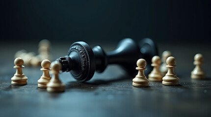 Fallen black king chess piece surrounded by white pawns as metaphor for strategy and power dynamics in game or life situation