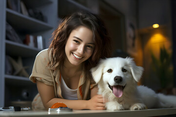Smiling woman enjoys quality time with fluffy dog at home during evening