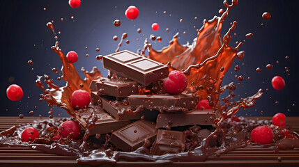 Dark chocolate splashes with red berries creating a vibrant display of taste and texture