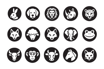 Animal head icons set, collection of round black and white logos with wild, farm and pet animals, vector illustration