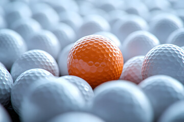 Orange golf ball standing out among white golf balls