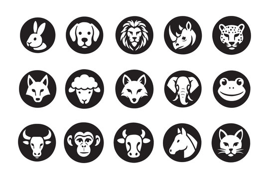 Animal head icons set, collection of round black and white logos with wild, farm and pet animals, vector illustration
