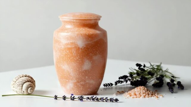 Pink biodegradable sea salt mortuary urn surrounded by scattered lavender and sea salt. Peaceful urn with soft peach color and subtle texture still life.