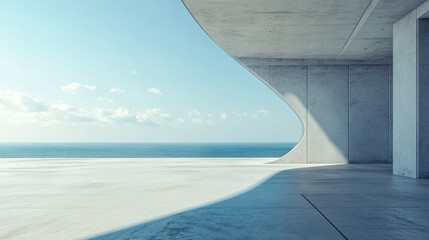 Spacious empty concrete platform overlooking ocean with futuristic architectural background
