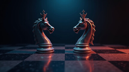 Two knight chess pieces face each other on reflective board as metaphor for strategy and confrontation in dramatic setting
