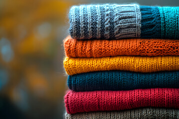 Neatly folded colorful knitted sweaters creating a vibrant stack of warm clothing, perfect for cozy comfort and style during the autumn and winter season.