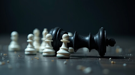 Chess game scene shows white pawns standing victorious as metaphor for strategy and triumph over fallen black king piece on board