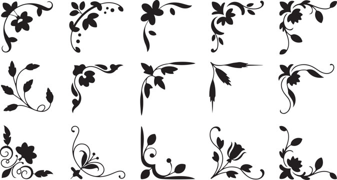 Set of vintage floral corner ornaments. Elegant baroque frame decorations in black vector for invitations, borders