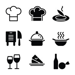 vector icons cooking food chef hat include a pizza slice, a sushi roll, spaghetti and meatballs, a curry bowl burger , fish 
