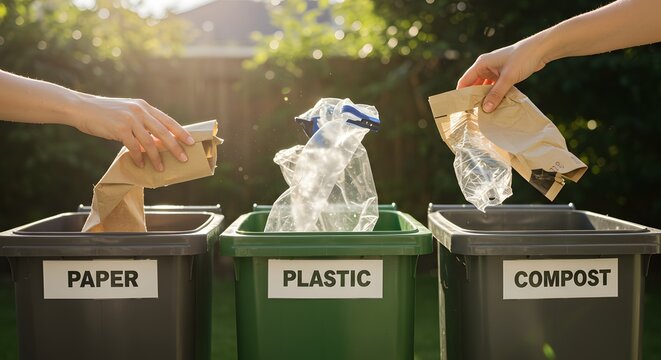 Hands sorting waste into recycling bins