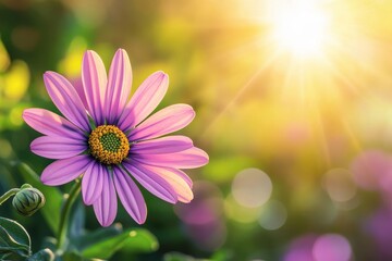 Obraz premium Purple daisy blooming in garden illuminated by warm soft sunlight in afternoon, Purple daisy in garden under soft sunlight