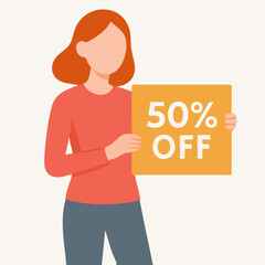 Flat Style Illustration Woman Holding Discount Offer Sign, Advertising Promotion