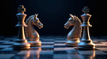 Chess knight and king pieces face each other on reflective board as metaphor for strategy and competition in dramatic close up scene