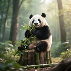 Obraz premium Giant panda enjoying a bamboo snack while sitting on a tree stump surrounded by lush greenery in a sunlit forest, creating a serene and heartwarming scene .