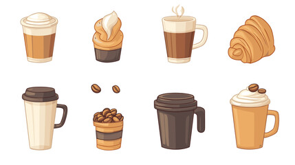 A flat vector cartoon coffee shop icons collection with latte art cup coffee beans coffee grinder and pastry croissant on white background no shading no gradients