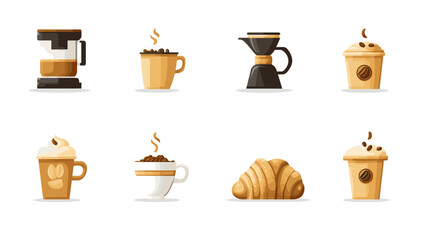 A flat vector cartoon coffee shop icons collection with latte art cup coffee beans coffee grinder and pastry croissant on white background no shading no gradients