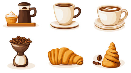 A flat vector cartoon coffee shop icons collection with latte art cup coffee beans coffee grinder and pastry croissant on white background no shading no gradients