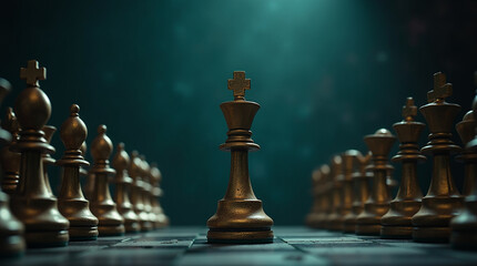 Chess piece king as metaphor for strategy and leadership in dramatic game setting with wooden chessboard and blurred background