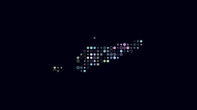 Timor-Leste dotted animation. Shape of the country built of pulsating colored dots. Large size circle blocks. Digital style map on dark background. Artistic video.