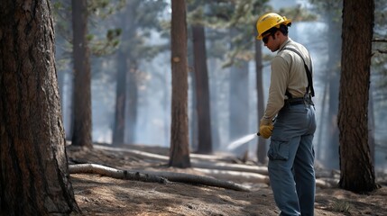 Fototapeta premium Firefighter in protective gear stands in a smoky forest, assessing the situation while holding a hose, surrounded by tall trees and a hazy atmosphere, demonstrating wildfire management efforts