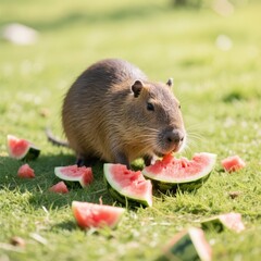 A cute capybara is enjoying a delicious watermelon snack in a green field, with slices scattered around, creating a refreshing and delightful scene in the bright sunlight .