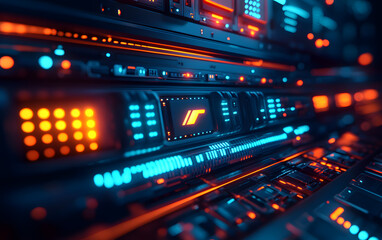 Server rack with glowing it logo, data cables, and blue lighting on a dark background.