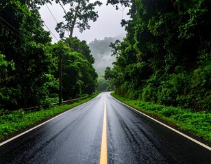 Fototapeta premium Rainy road through a lush forest
