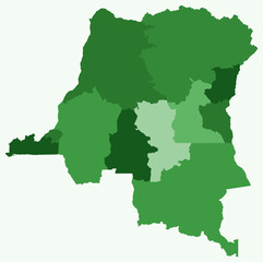 Map of the Democratic Republic of the Congo with regions. A simple country border map with regional divisions in a green color palette.