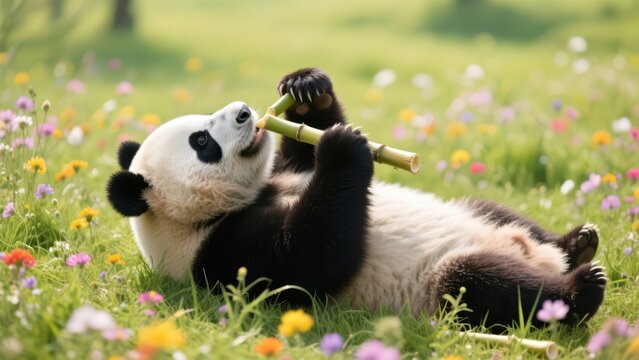 A cute giant panda lying on its back in a flower-filled meadow, playfully gnawing on a bamboo shoot, its black and white fur contrasting with the colorful wildflowers