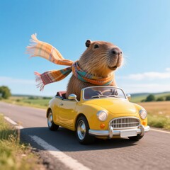 A charming capybara drives a vintage yellow convertible down a scenic road, its scarf blowing in the wind, embodying freedom and adventure .