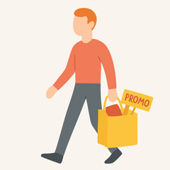 Flat Style Man Walking with Shopping Bag and Promo Sign Illustration