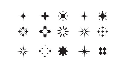 A set of sixteen distinct black sparkle and shine icons