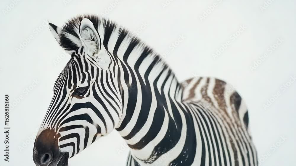 Poster close-up photo of a zebra's face in snowy environment