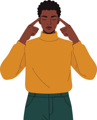 Fototapeta premium Young man concentrating with fingers on temples wearing mustard yellow sweater and green pants vector illustration 