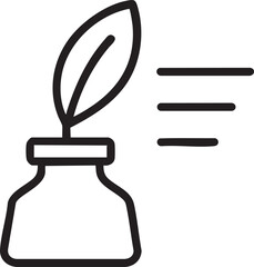 Outline Illustration of Inkwell with Quill and Text Lines on a White Background simple black